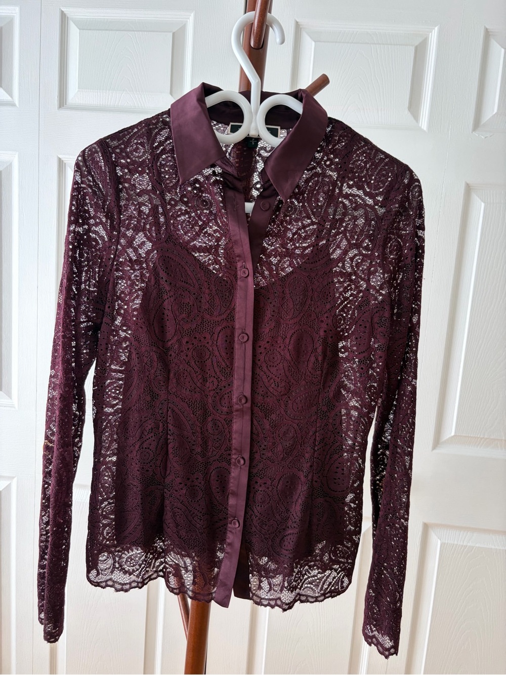 Women's Lace Button-Down Shirt in Deep Plum